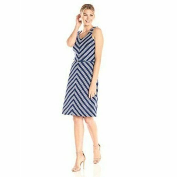 Lark & Ro Blue Chevron Stripe Dress, Textured, Lined, Large, NWOT - Picture 1 of 10